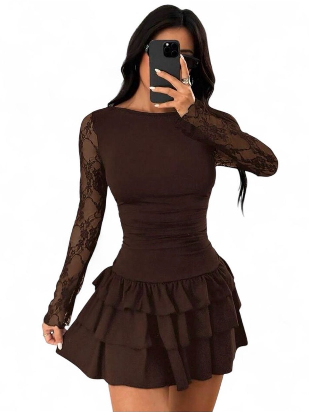 Elegant Brown Lace Sleeve Ruffle Mini Dress